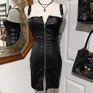 Maniere De Voir Black Patent Leather Zip Up Mini Dress w Adjustable Buckles 4